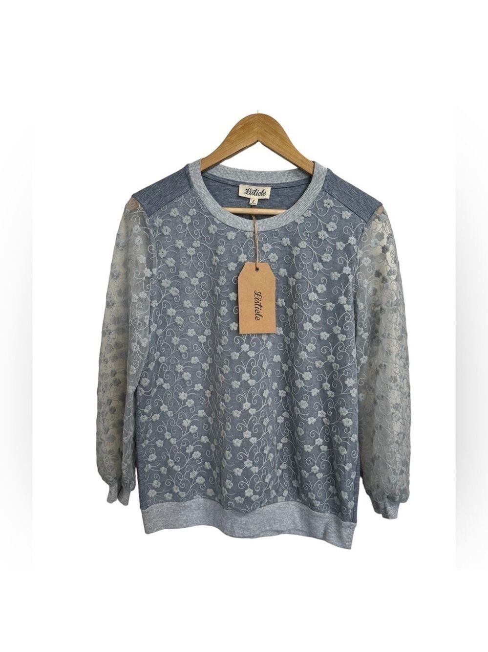 Listicle Crewneck Top with Sheer Sleeves -Size S -Blue Grey